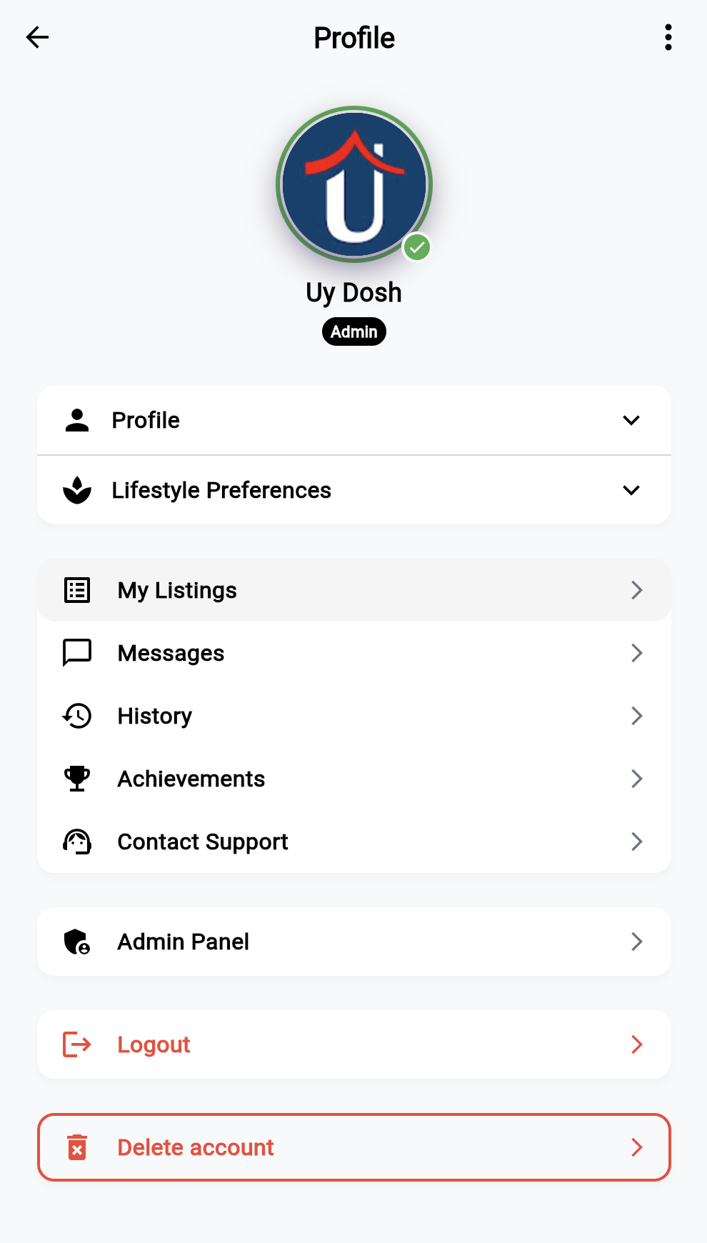 UyDosh profile screen showing how to reach Delete Account.